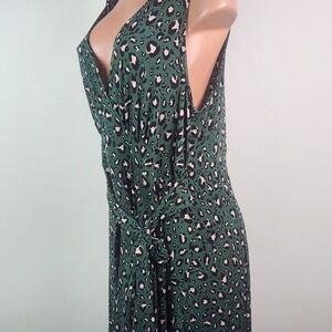 Torrid Midi Studio Knit Hi-Low Dress Womens Green‎ Leopard Tie Front Size 3X New